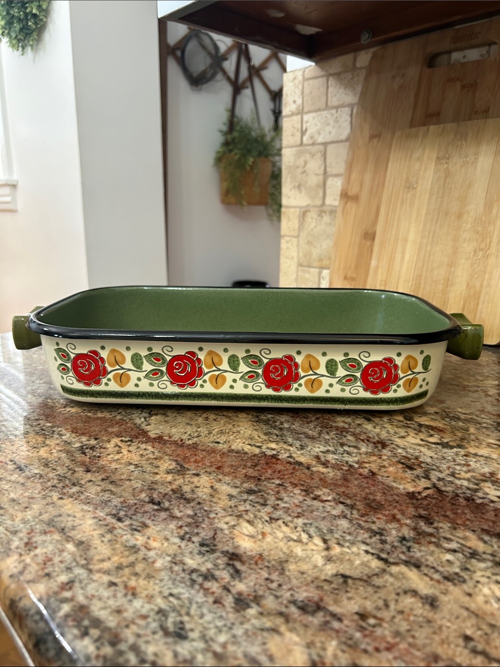 Vintage Baumann “Tirol” Green Floral Enamel Baking Dish with Red Rose Pattern